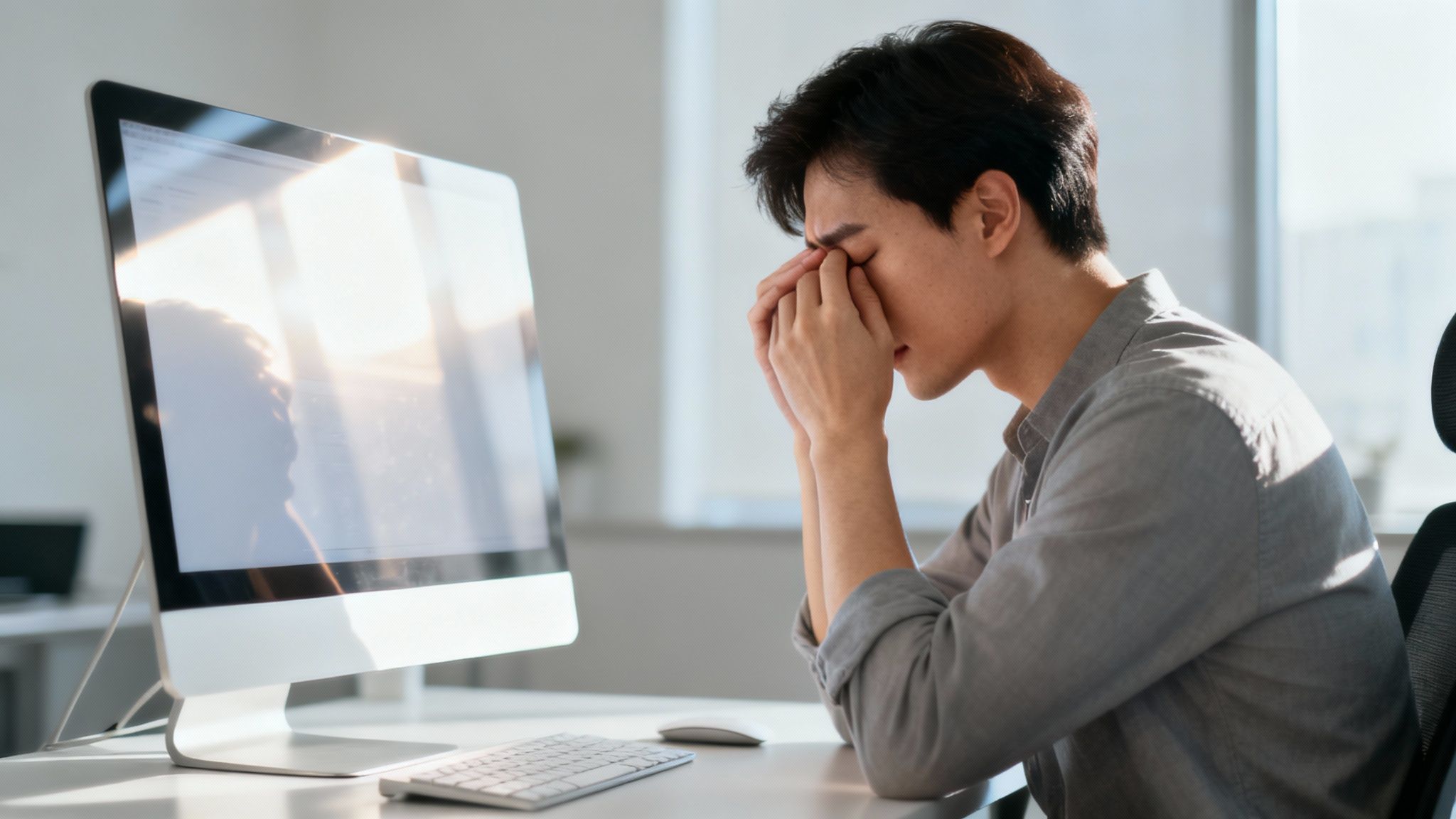 A person wearing glasses and looking at a computer screen, experiencing eye strain.