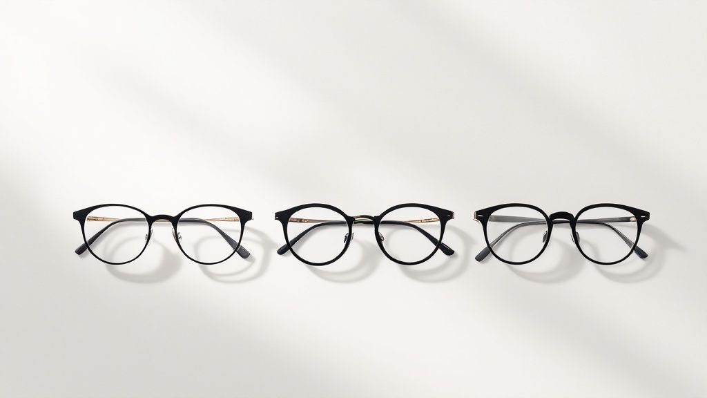 A woman with a small face trying on stylish, well-fitting cat-eye glasses.