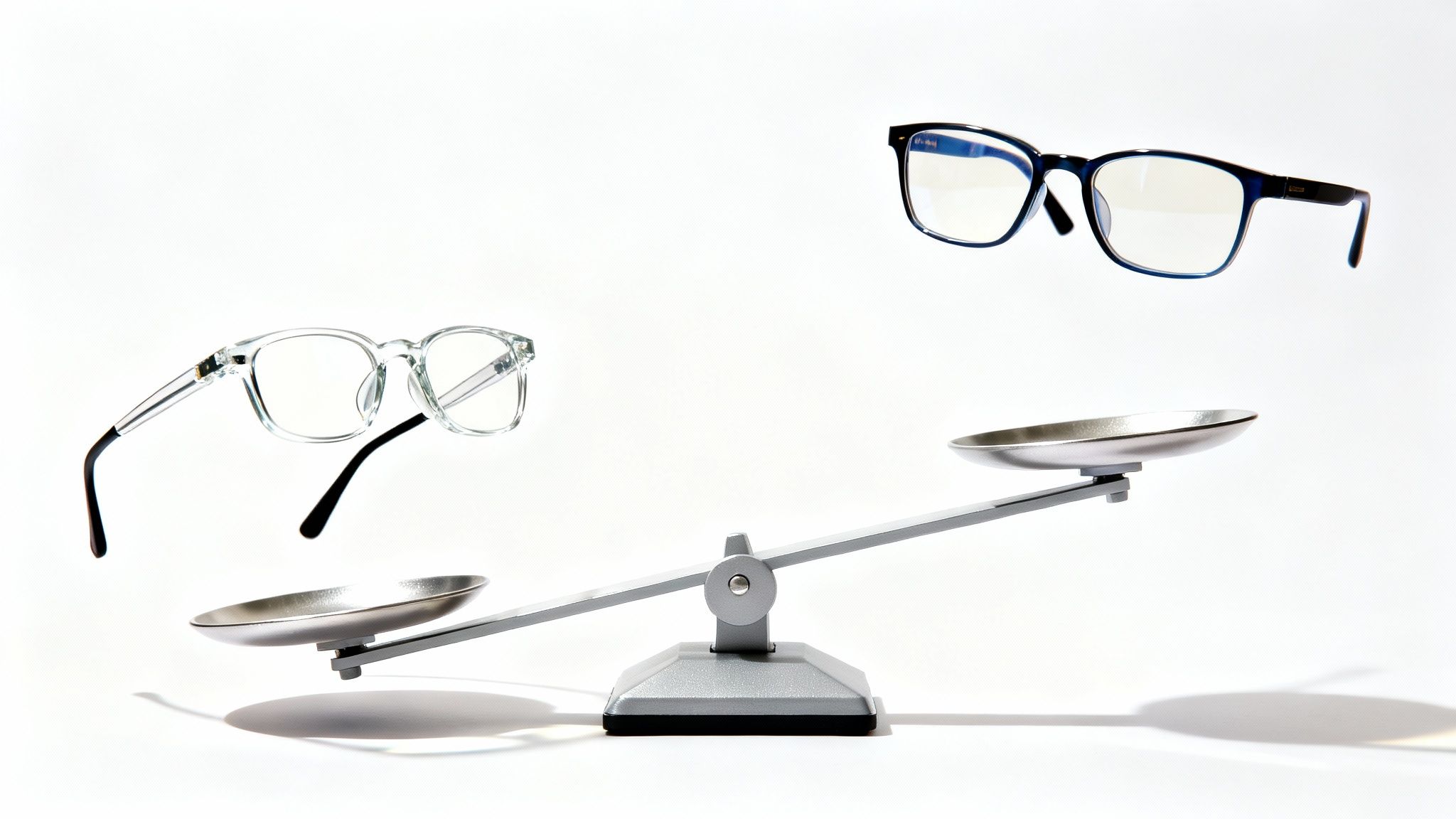 A person comfortably wearing lightweight glasses while working on a laptop.