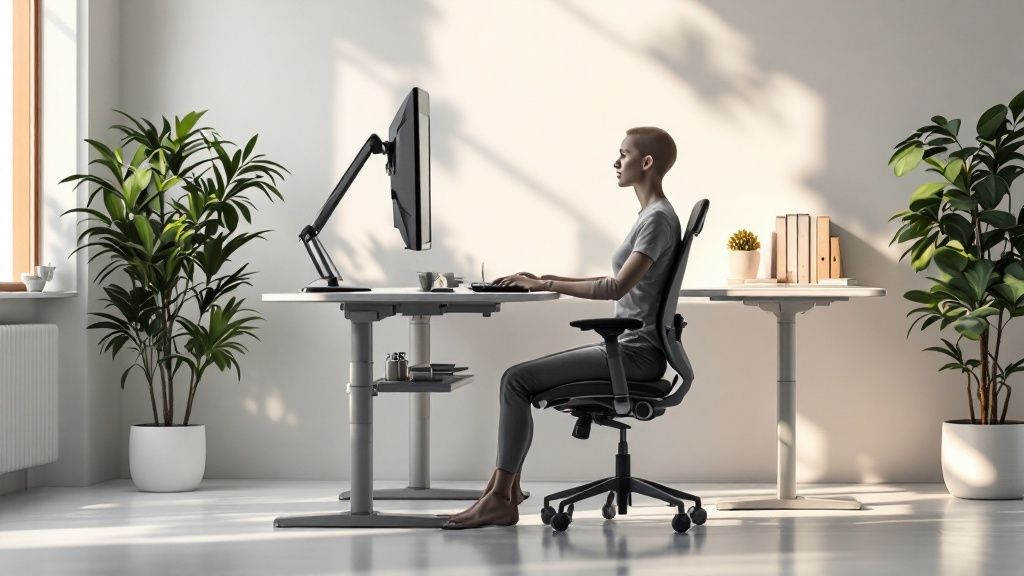 Woman wearing glasses and working at a desk with a plant