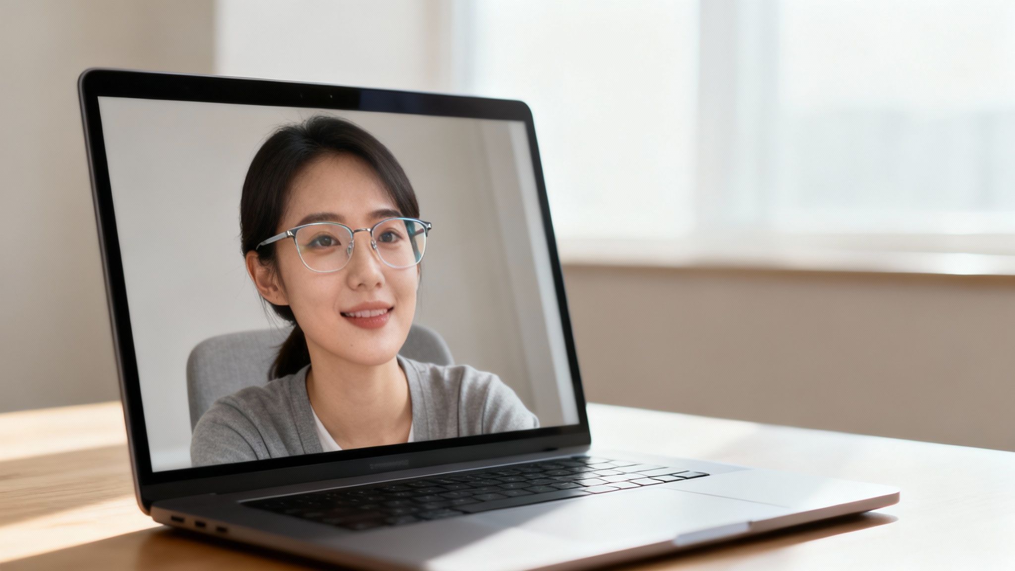A person wearing anti-reflective glasses smiles while working on a computer in a brightly lit office.