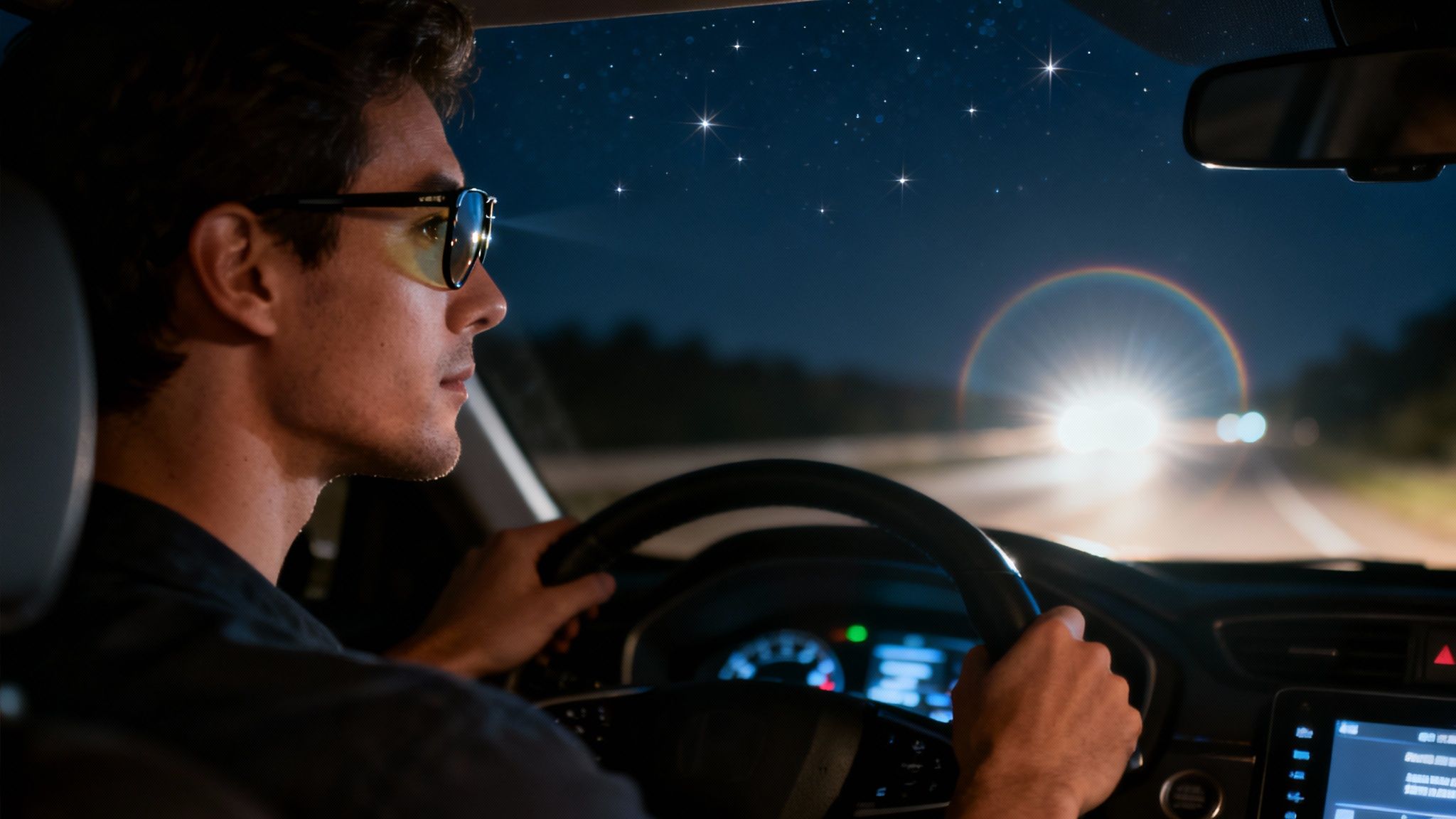 A person driving at night wearing anti glare night glasses, with a clear view of the road ahead.