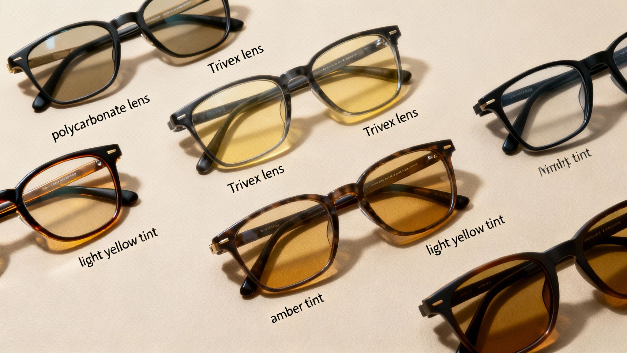 A person examining a pair of anti glare night glasses in a well-lit store, focusing on the lens quality.