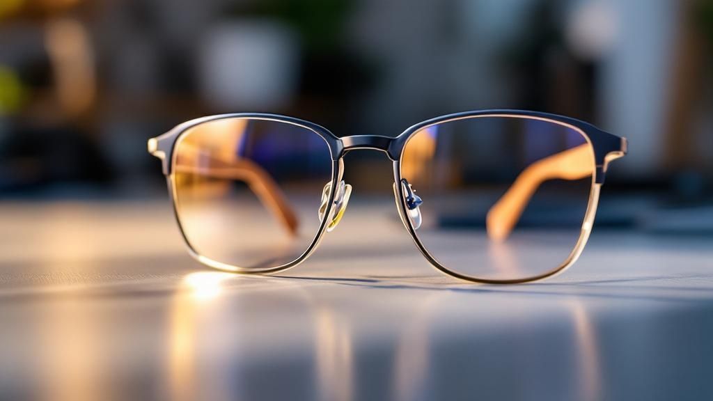 A pair of stylish computer glasses resting on an open laptop.