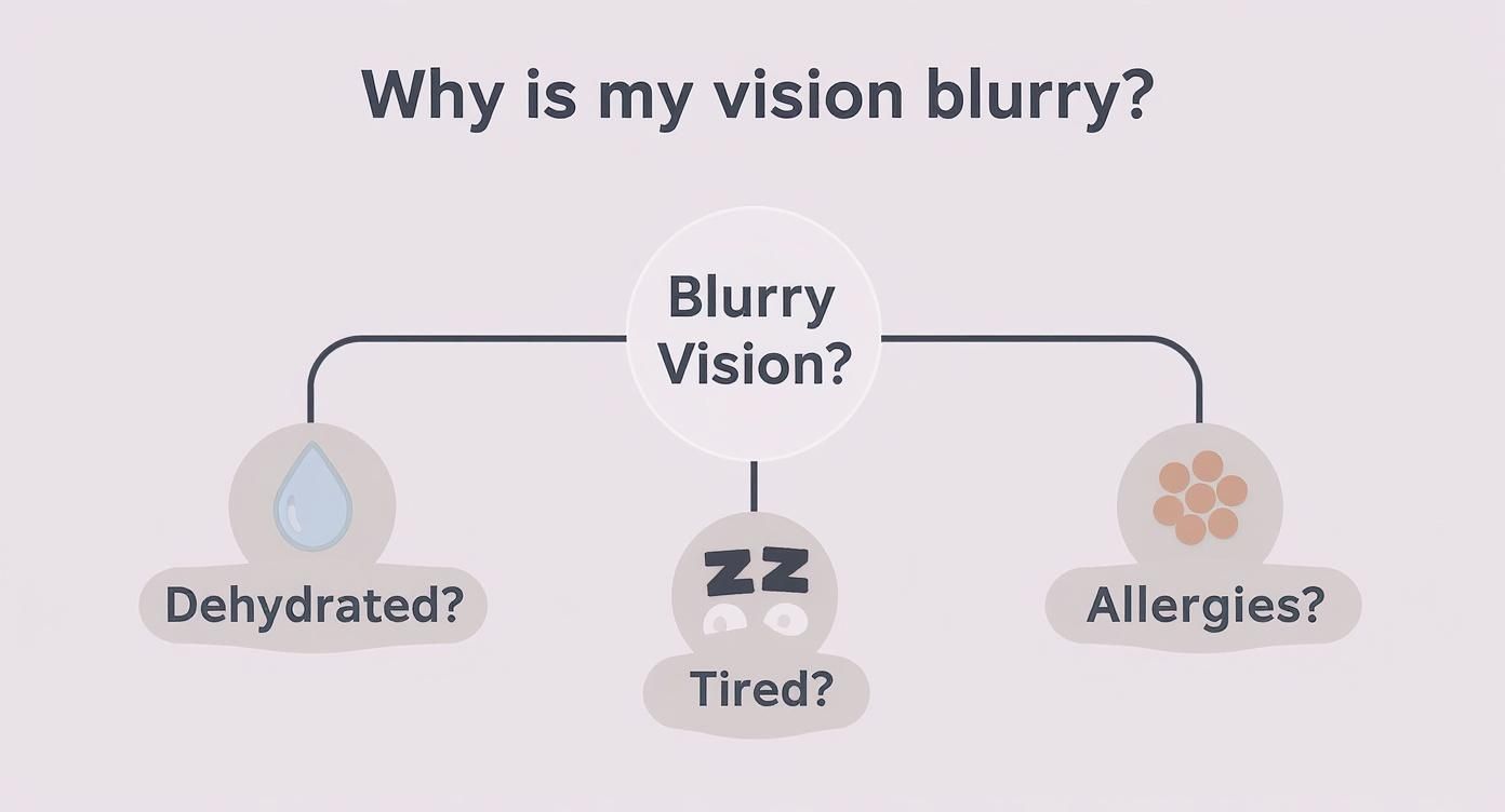Infographic decision tree asking 'Why is my vision blurry?' with branches for dehydration, fatigue, and allergies.