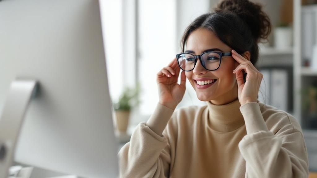 A person smiling and trying on different styles of PROSPEK glasses in a bright, modern setting.