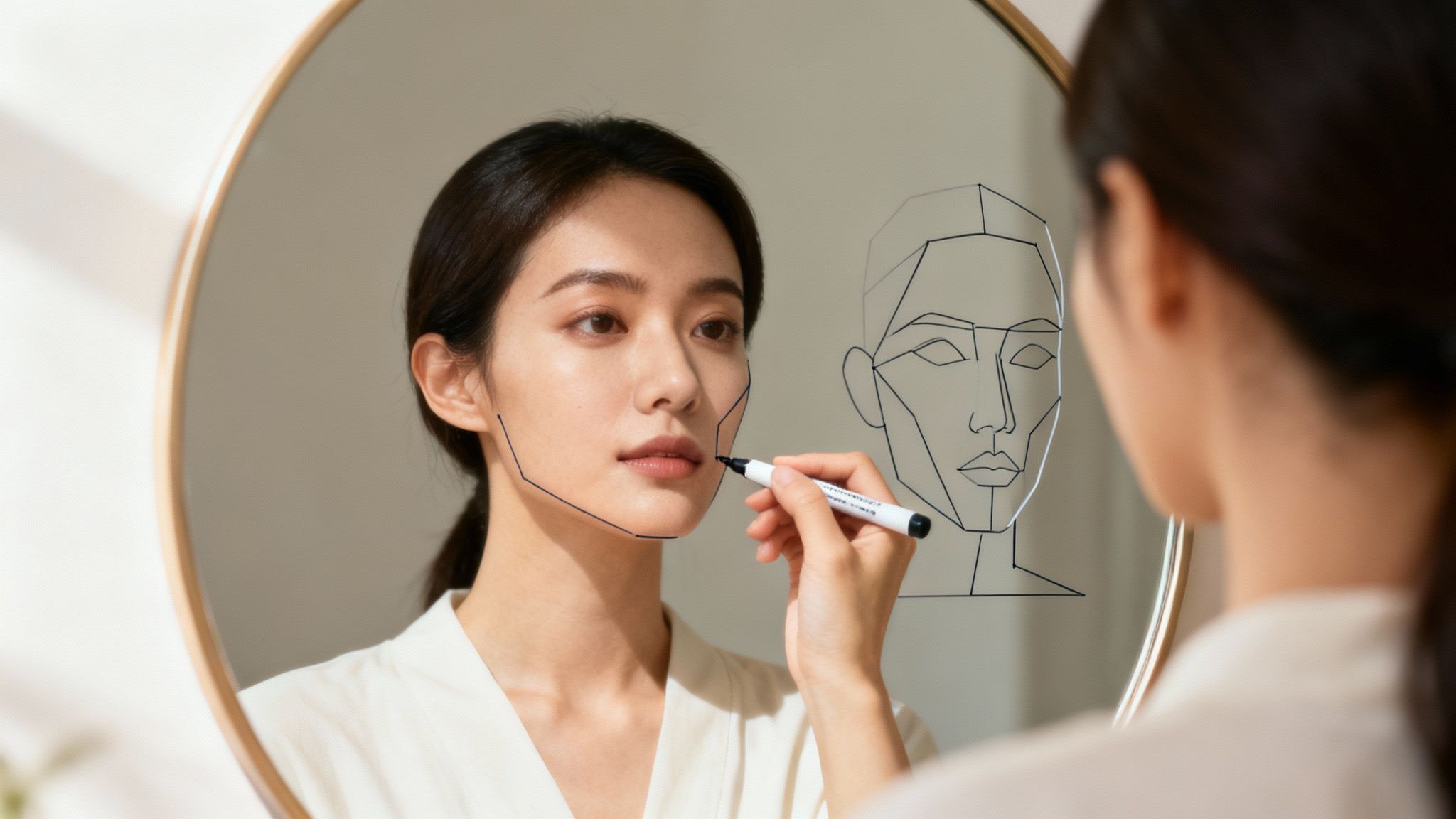A woman tracing the outline of her face on a mirror to determine its shape.