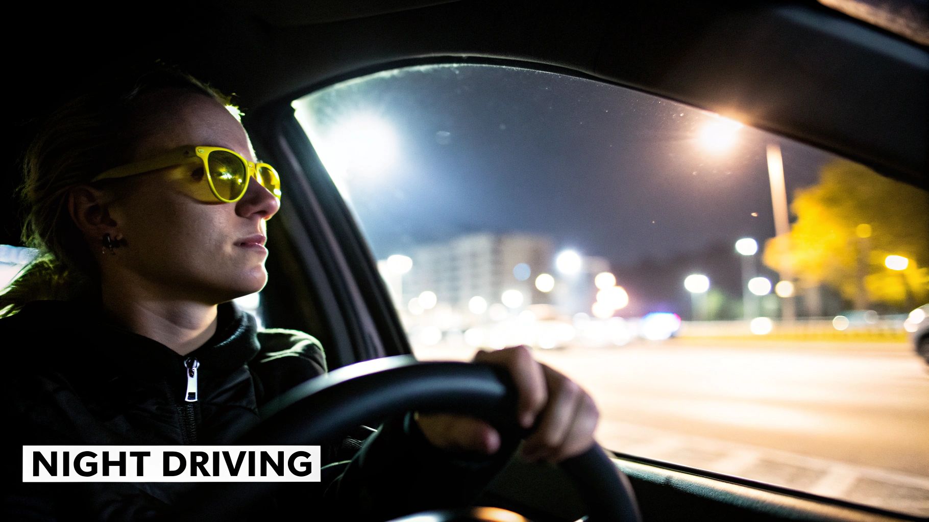 A person driving at night with a clear view of the road, demonstrating the effect of night driving glasses.