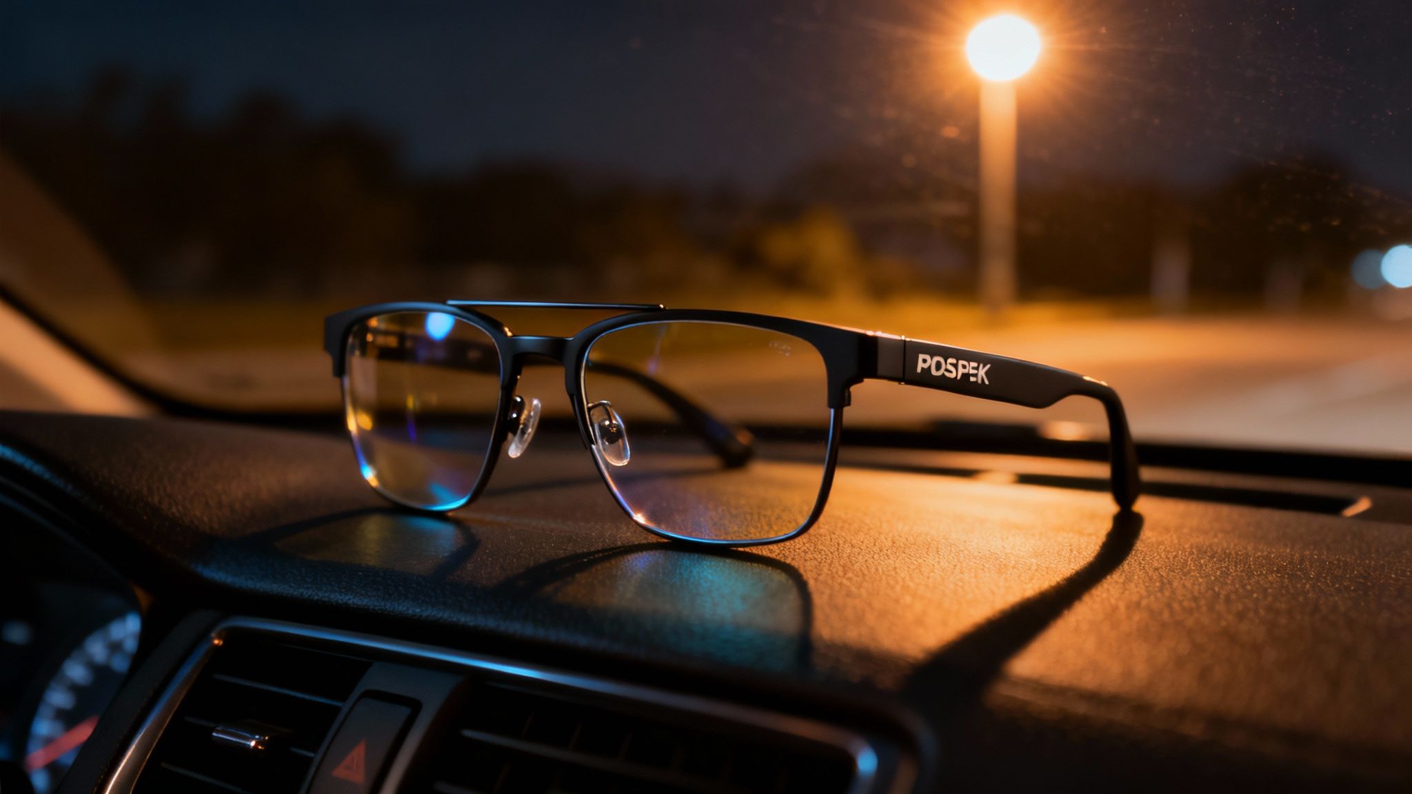 A pair of stylish PROSPEK glasses resting on a car's dashboard at dusk