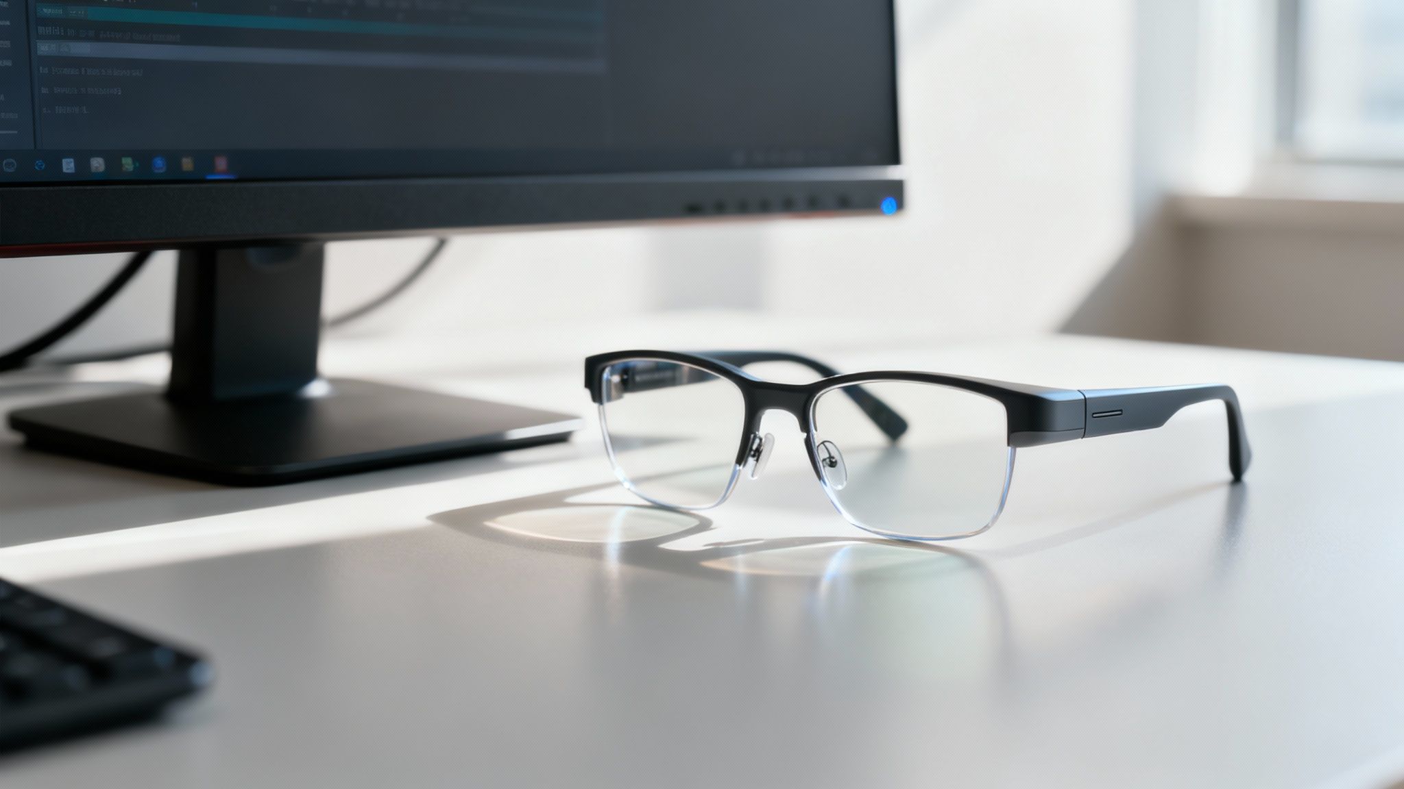 A person working comfortably at a desk wearing specialized computer glasses.