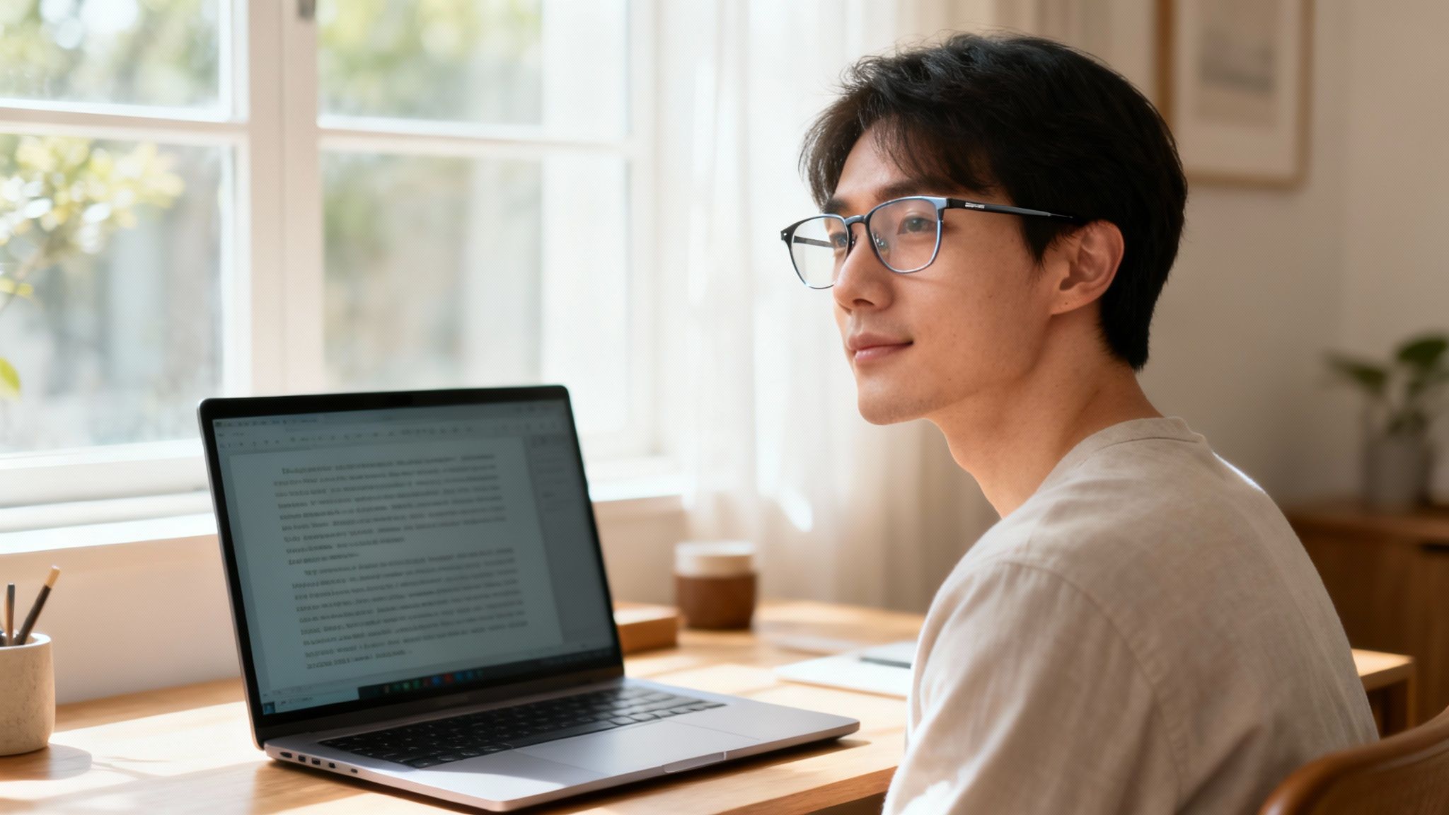 A person wearing computer glasses and working on a laptop in a well-lit office.