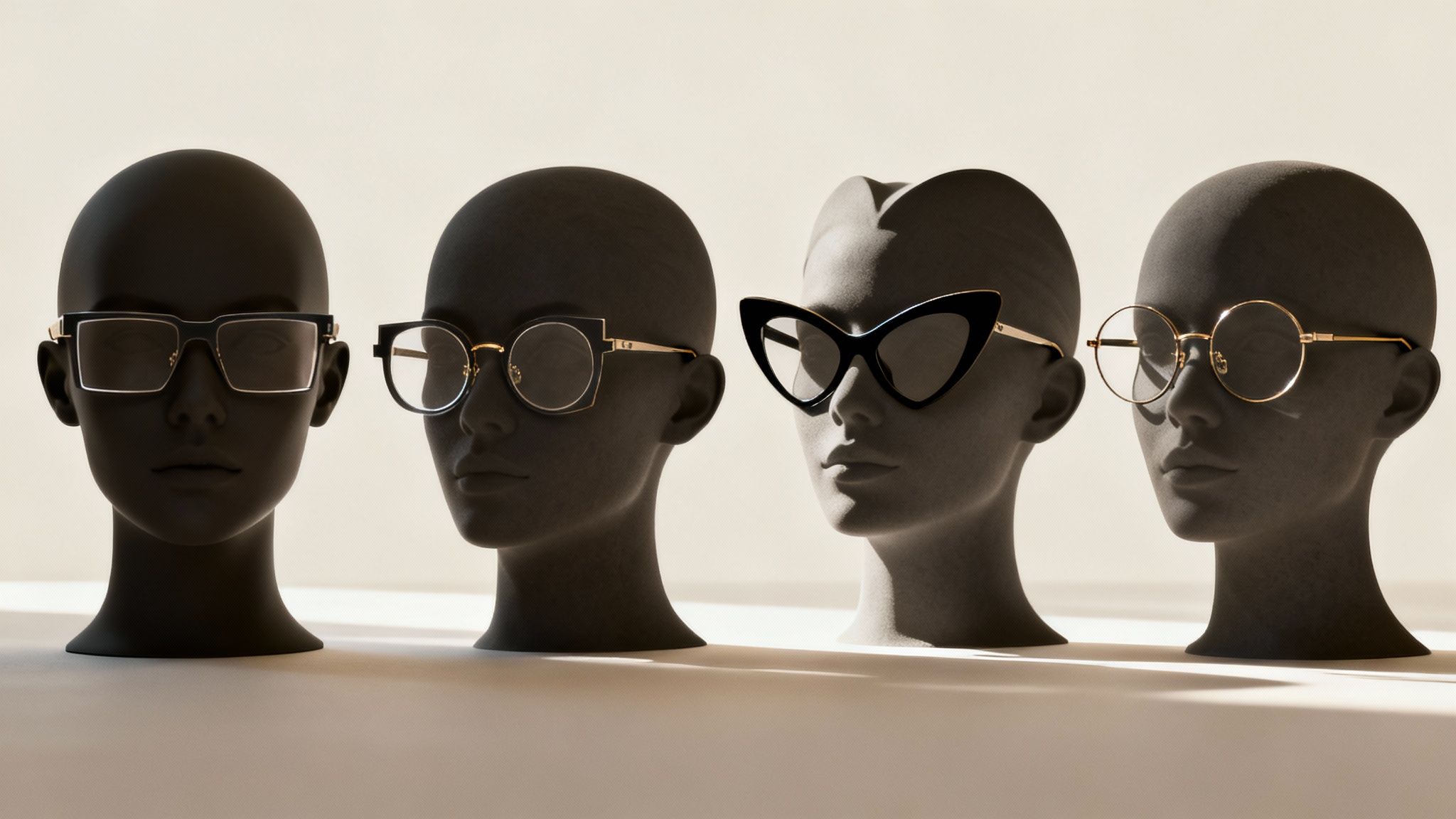 A collection of stylish glasses frames arranged on a surface.