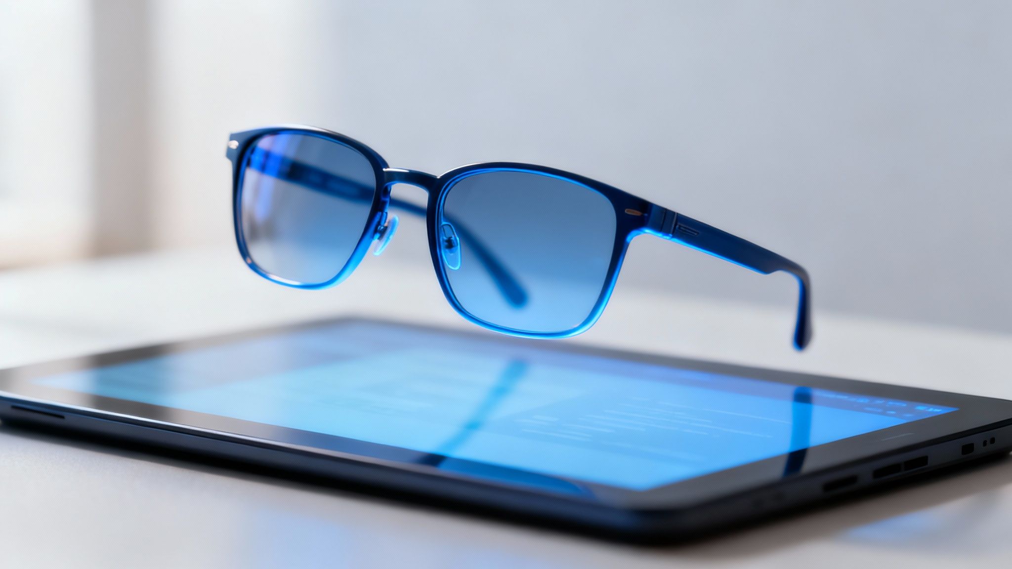 A pair of stylish blue light blocking glasses resting on a desk next to a laptop.