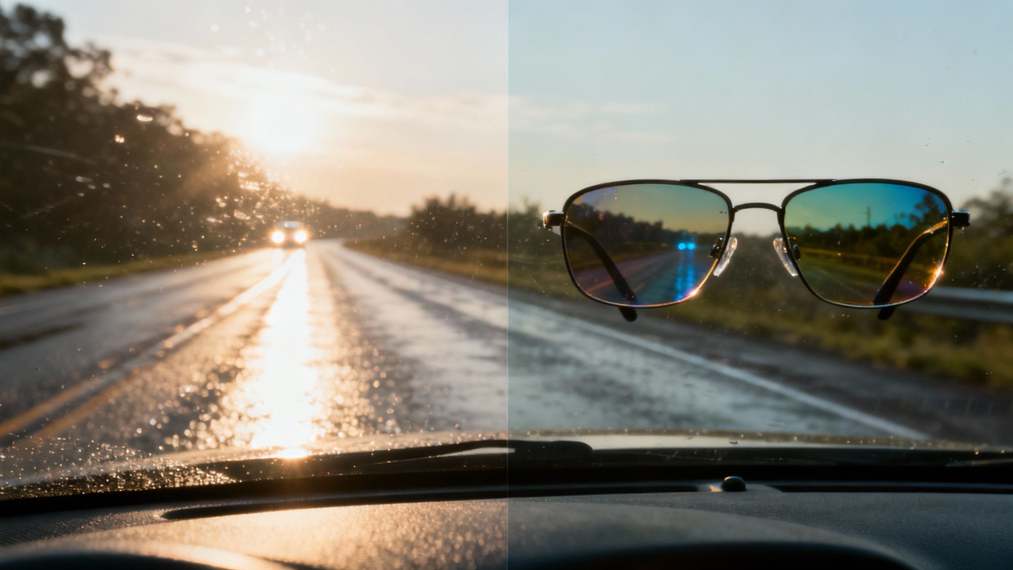 A car driving on a road with sun glare, illustrating the need for driving glasses