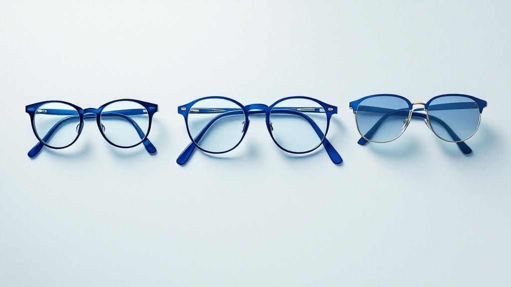 A person smiling and feeling refreshed in bed, with blue blocker glasses on the nightstand next to them.