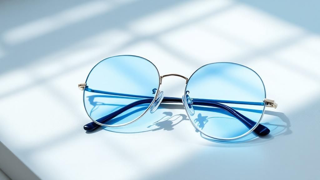 Person wearing blue light filter glasses while working on a laptop
