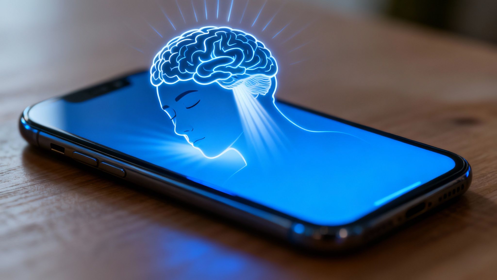 A brain with a light switch, symbolizing the circadian rhythm being affected by blue light from a smartphone.