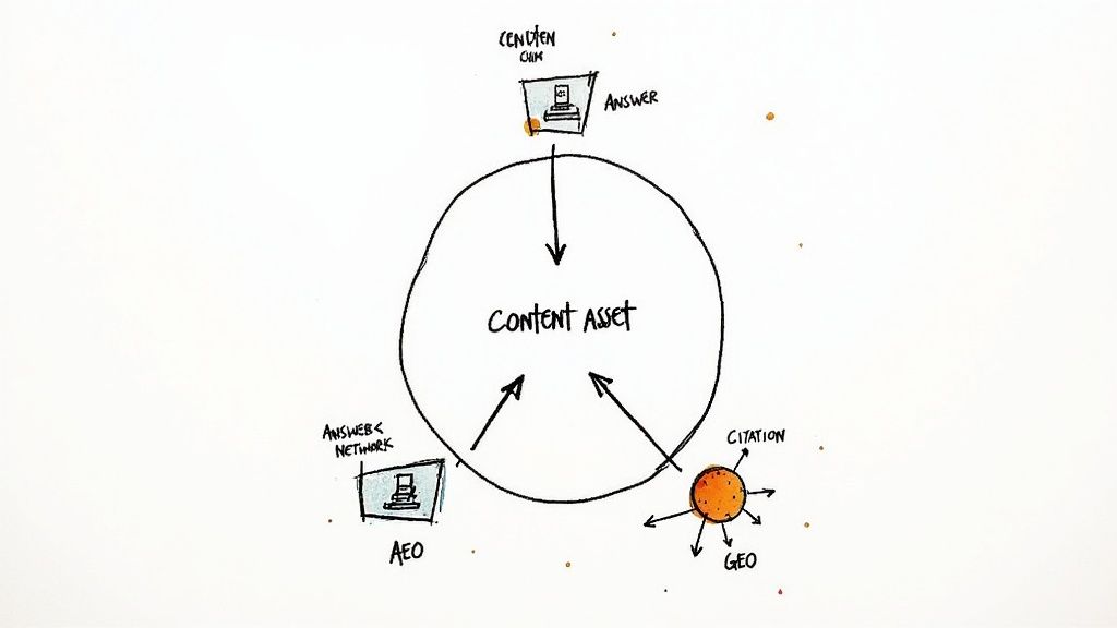 Diagram illustrating the relationship between Content Asset, Answer, AEO, and GEO citation