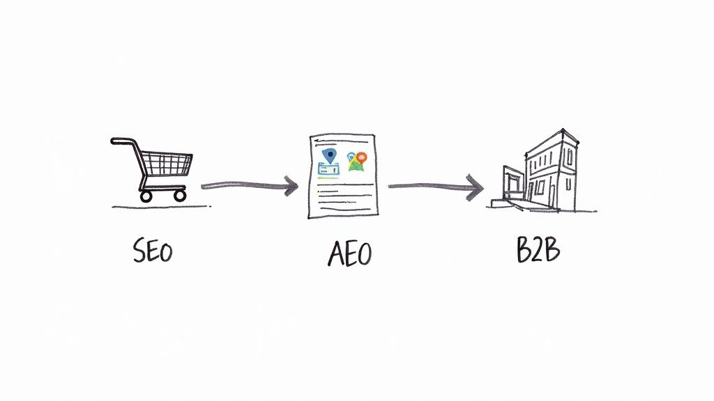 Diagram illustrating the progression from SEO to AEO to B2B