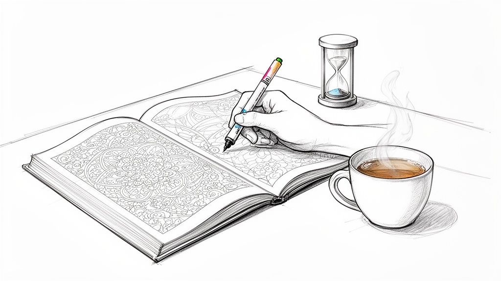 Relaxing scene: a hand colors a detailed mandala, with coffee and an hourglass nearby.