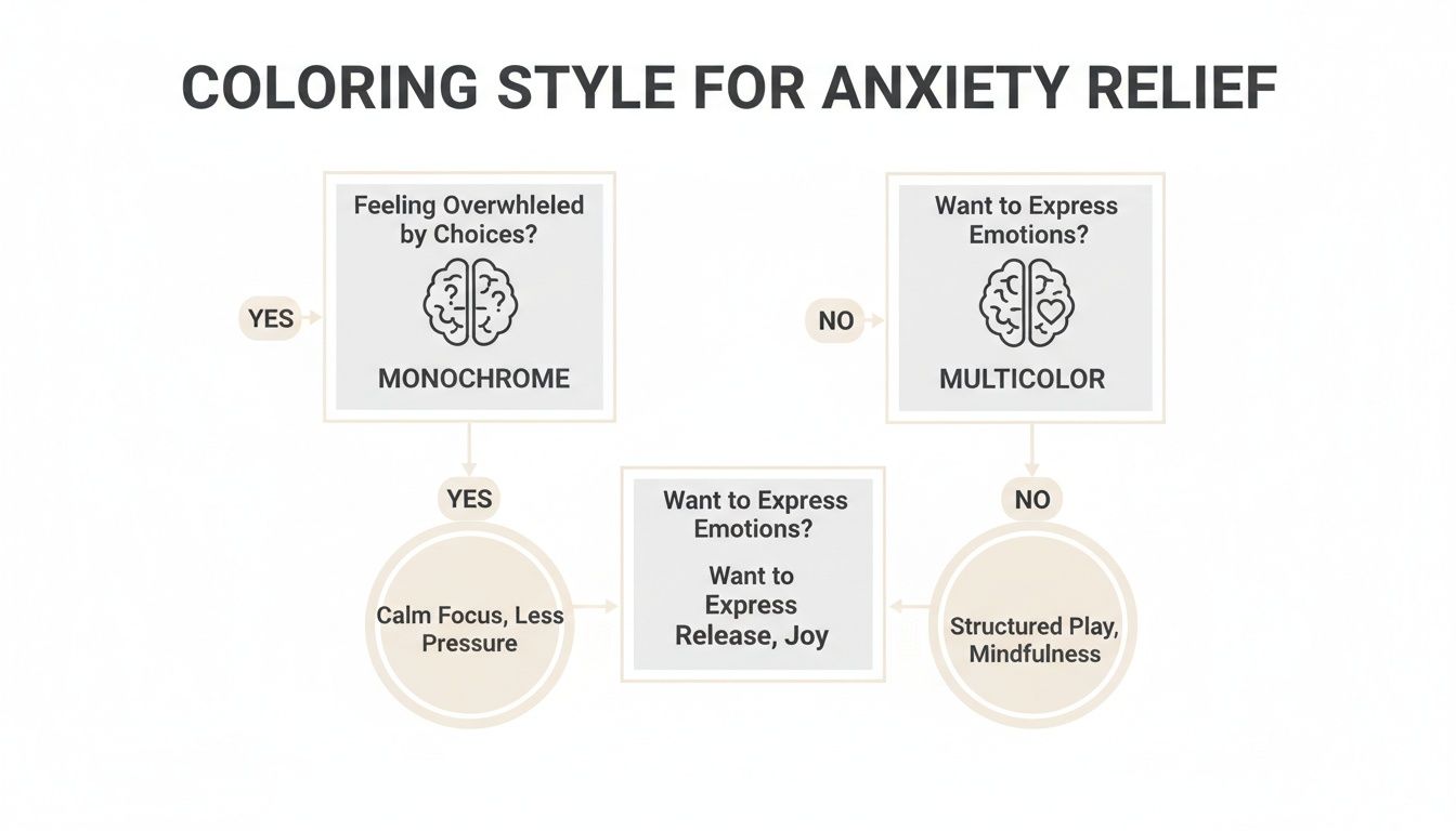 Flowchart detailing coloring styles like monochrome or multicolor for anxiety relief, based on emotional state.