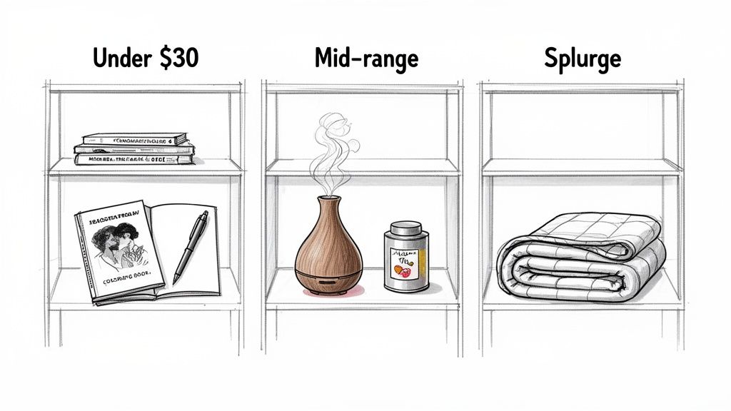 An illustration presenting various relaxation gift ideas categorized by price: under $30, mid-range, and splurge.