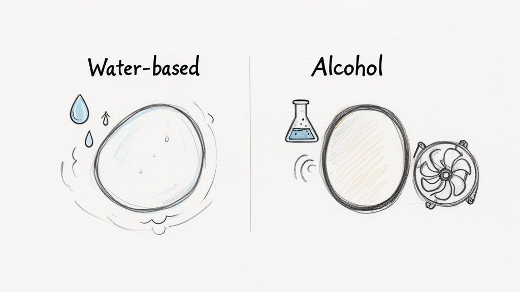 Illustrative comparison of water-based properties with evaporation and alcohol properties with faster drying aided by a fan.