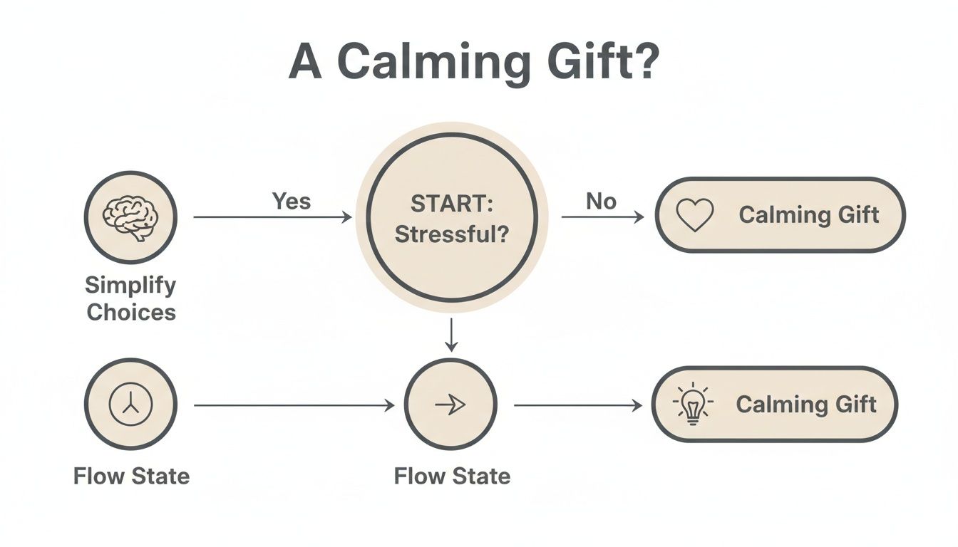 A flowchart titled 'A Calming Gift?' illustrating paths to finding a calming gift.
