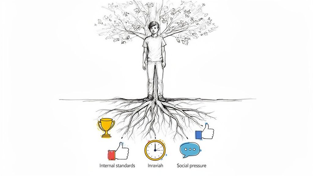 A drawing of a person as a tree, with roots illustrating internal standards, time, and social pressure.