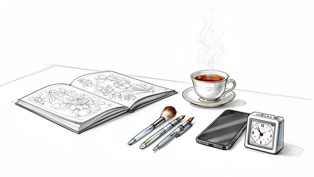 A creative desk setup with a coloring book, art tools, a warm drink, and modern essentials.