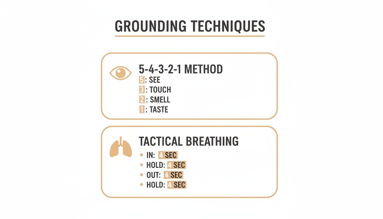 An infographic showing grounding techniques: the 5-4-3-2-1 method and tactical breathing exercises.