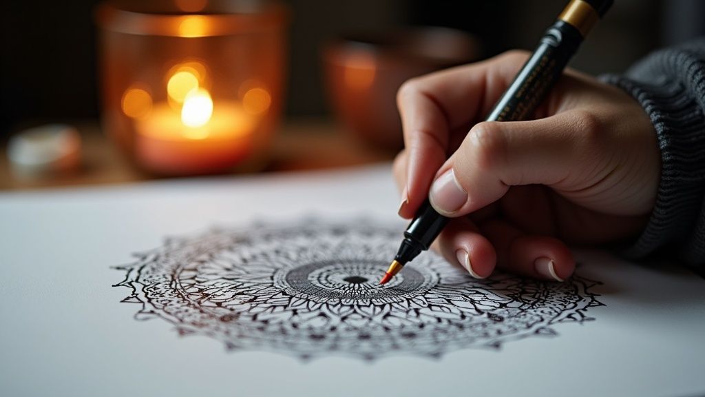 A person drawing a detailed black and white mandala with a pen, a warm candle in the background.