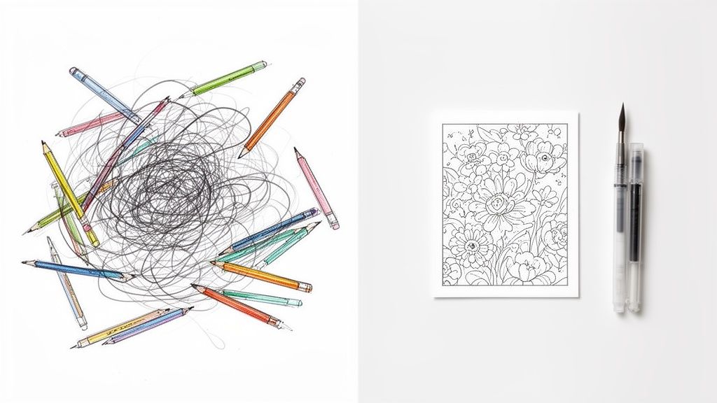 Colorful pencils scattered with scribbles on the left, a floral coloring page and brush pens on the right.
