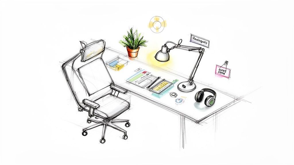A detailed sketch of a well-organized desk with an office chair, lamp, plant, and headphones.