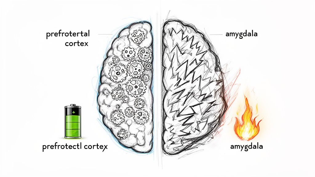 Illustration of brain halves, one labeled prefrontal cortex with gears and battery, the other amygdala with fire.