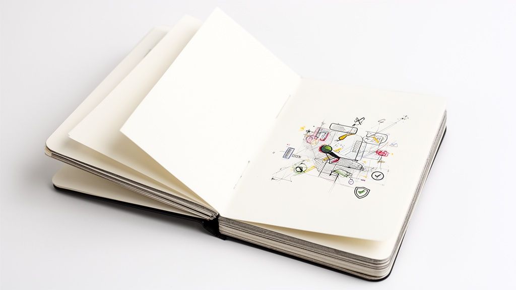 An open black notebook on a white surface, with multiple blank pages and a colorful abstract sketch on the right page.