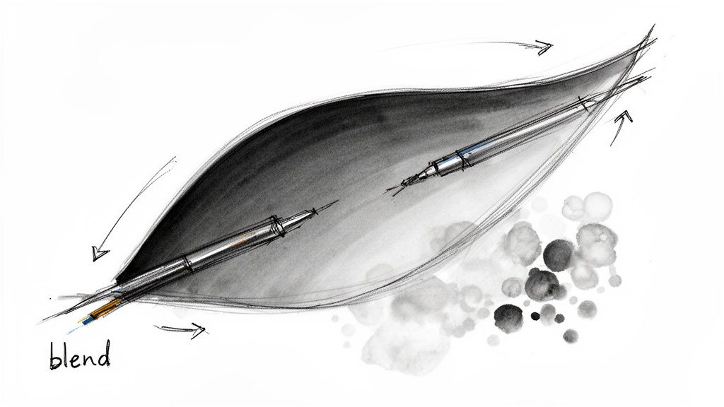 Artistic sketch showing two brush pens and blending technique with watercolor elements.