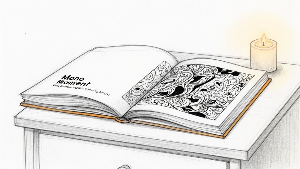 An open coloring book and a lit candle sit on a nightstand, creating a serene atmosphere.