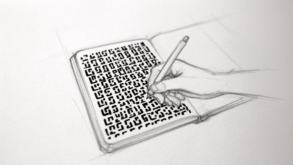 A pencil sketch of a hand writing abstract characters in an open notebook with a pen.