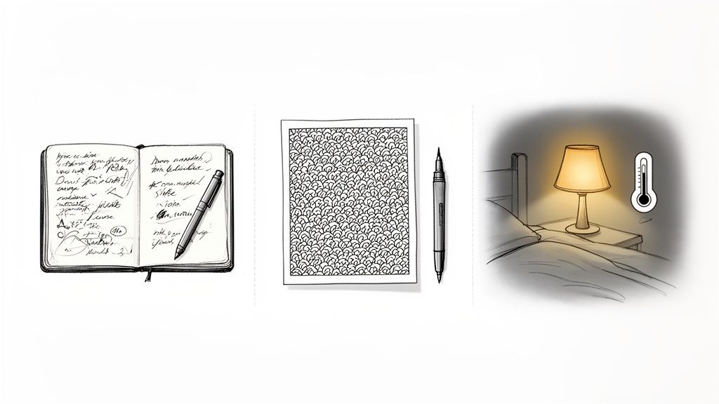 Three illustrations: open journal with pen, repetitive pattern drawing, and a warm bedroom scene at night.