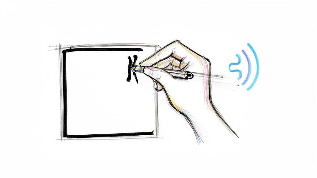 Illustration of a hand holding a pen, drawing a character inside a square with sound waves, symbolizing digital interaction.
