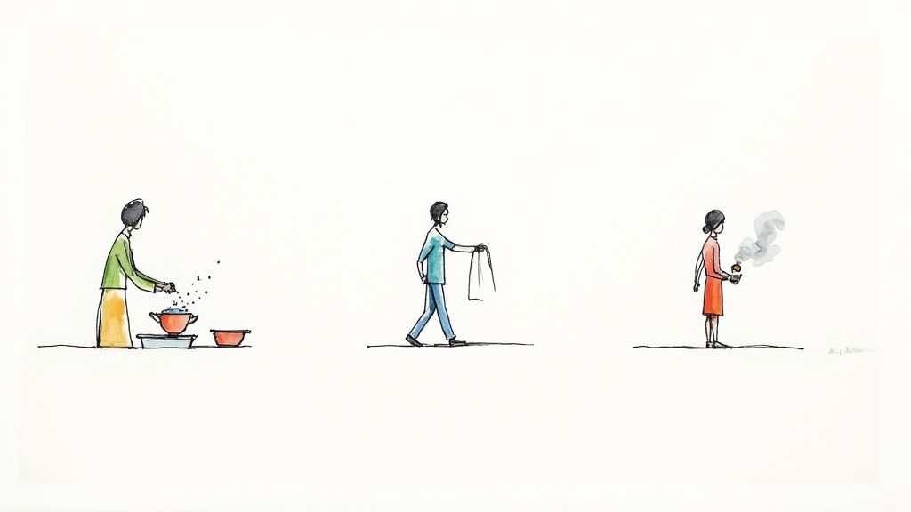 Watercolor illustration depicting three daily activities: washing dishes, carrying a towel, and holding a smoking object.