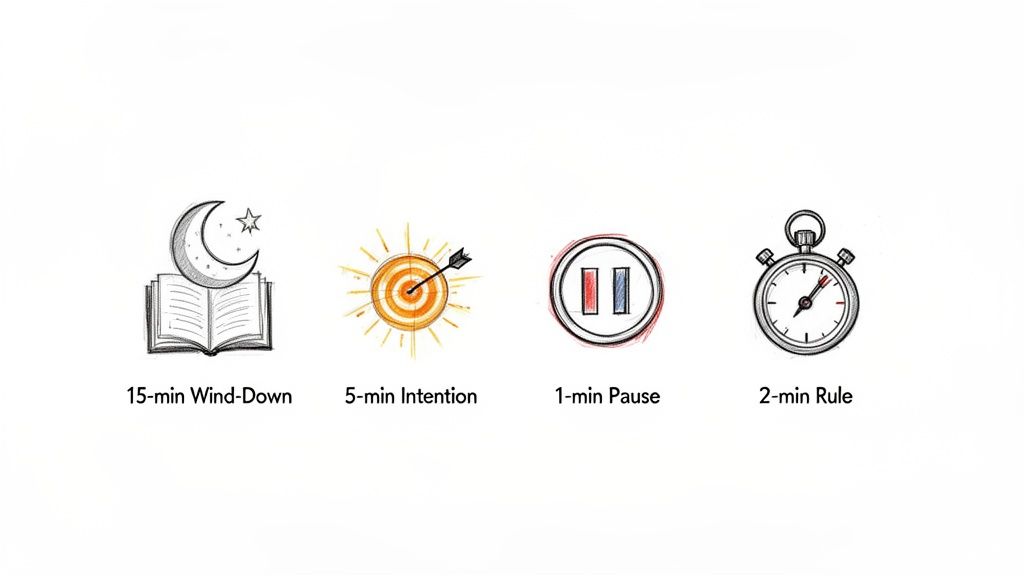 Four illustrated icons representing different time-based productivity and habit-building techniques: wind-down, intention, pause, and the 2-minute rule.