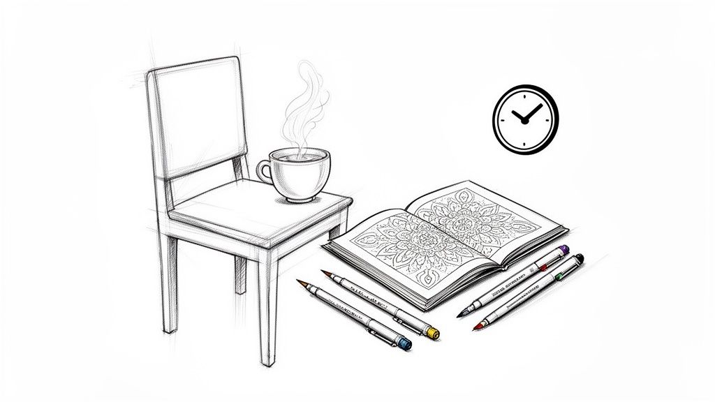 A simple sketch showing a steaming cup, an open adult coloring book, markers, and a clock.