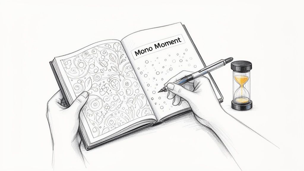 A monochrome drawing of hands coloring an open book, with an hourglass nearby.