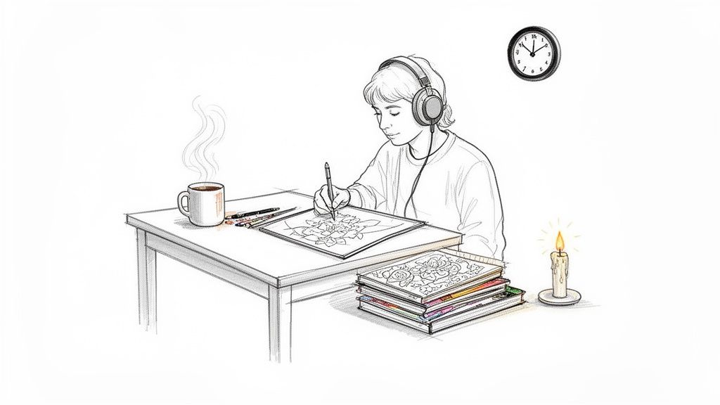 A person with headphones coloring a floral design in a coloring book at a desk with a coffee mug and pencils.
