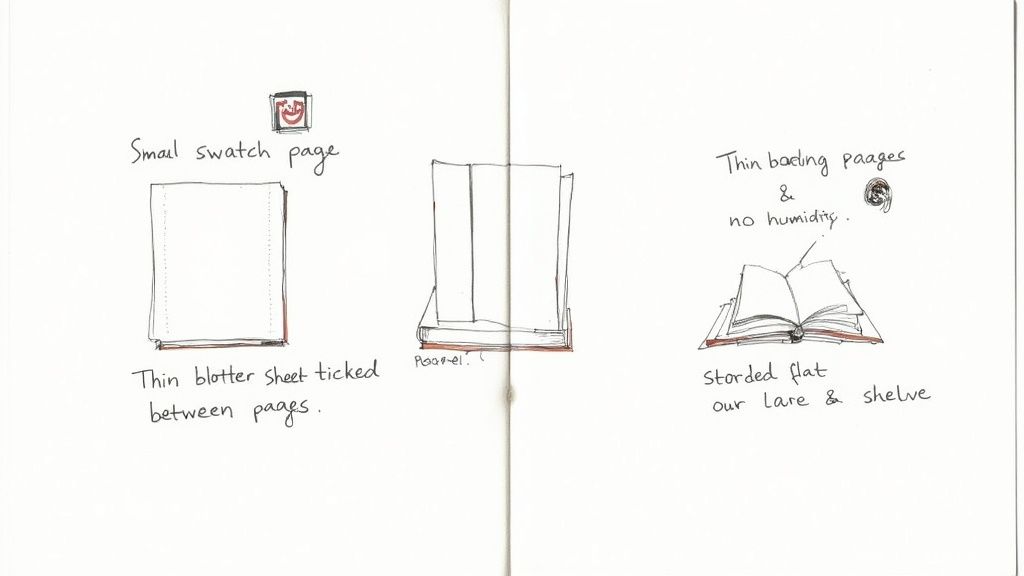 Sketches illustrating different aspects of book care, including blotter sheets, page thickness, and storage.