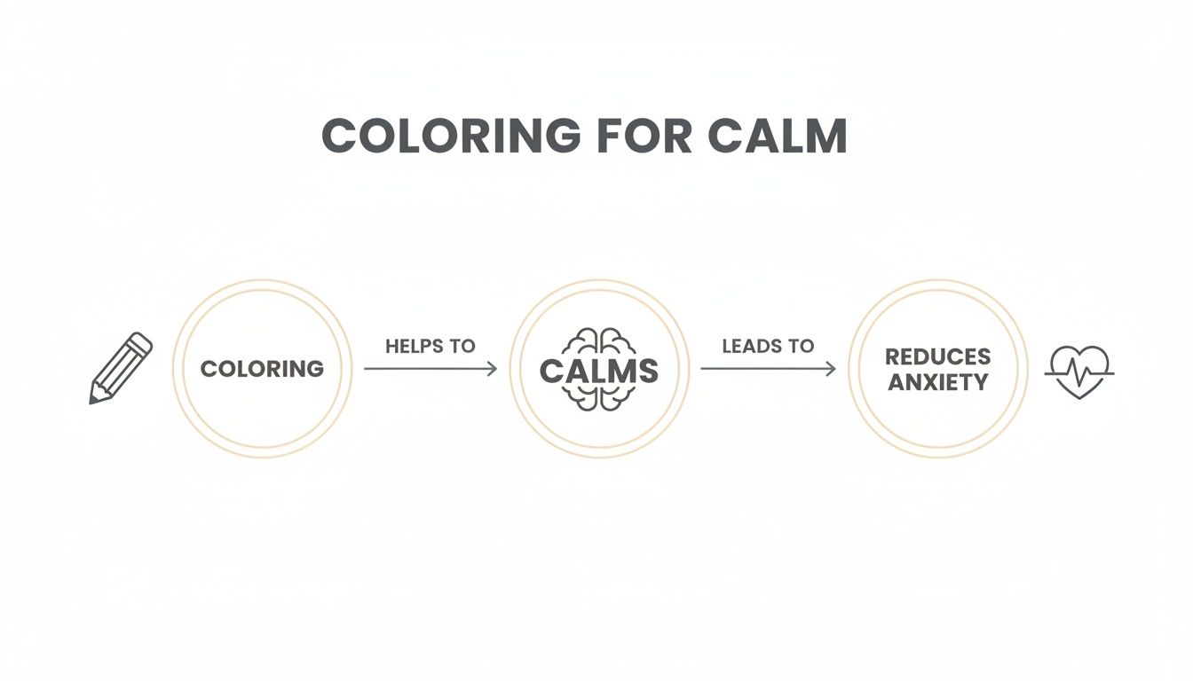 Flowchart illustrating how coloring helps to calm the mind and reduce anxiety.