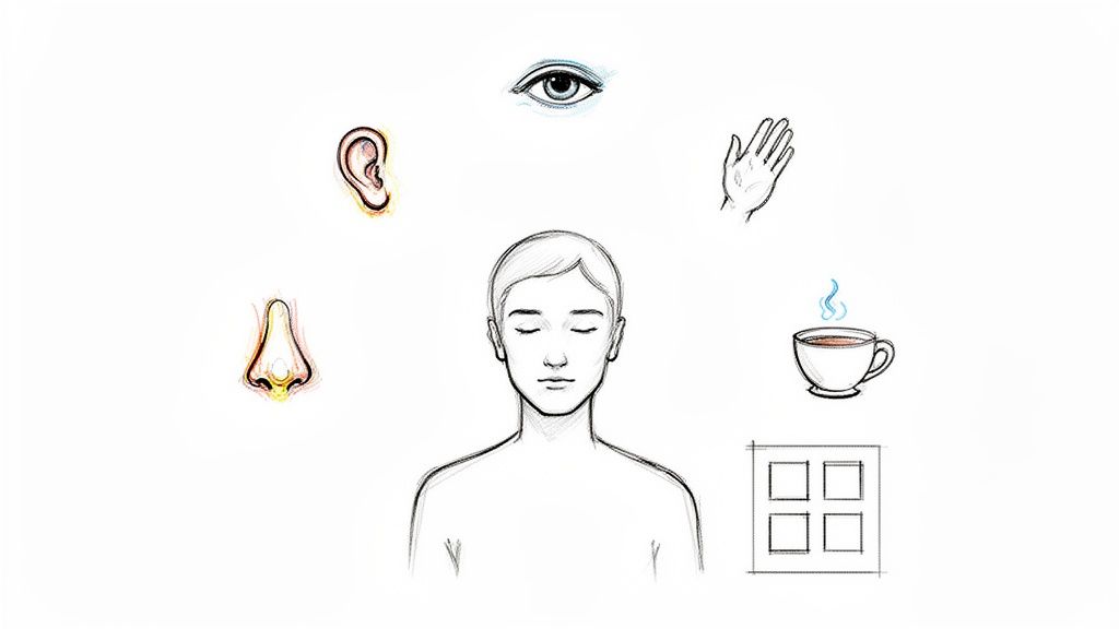 Visual representation of a person with closed eyes, surrounded by symbols of the five human senses.