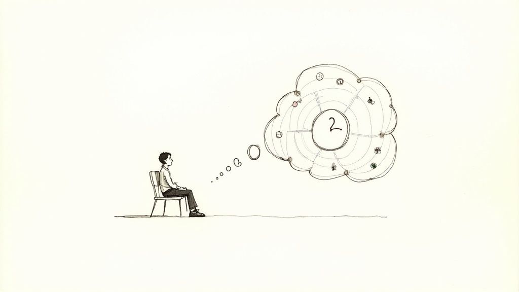 Simple sketch of a person on a chair, thinking deeply about a complex diagram with the number two.